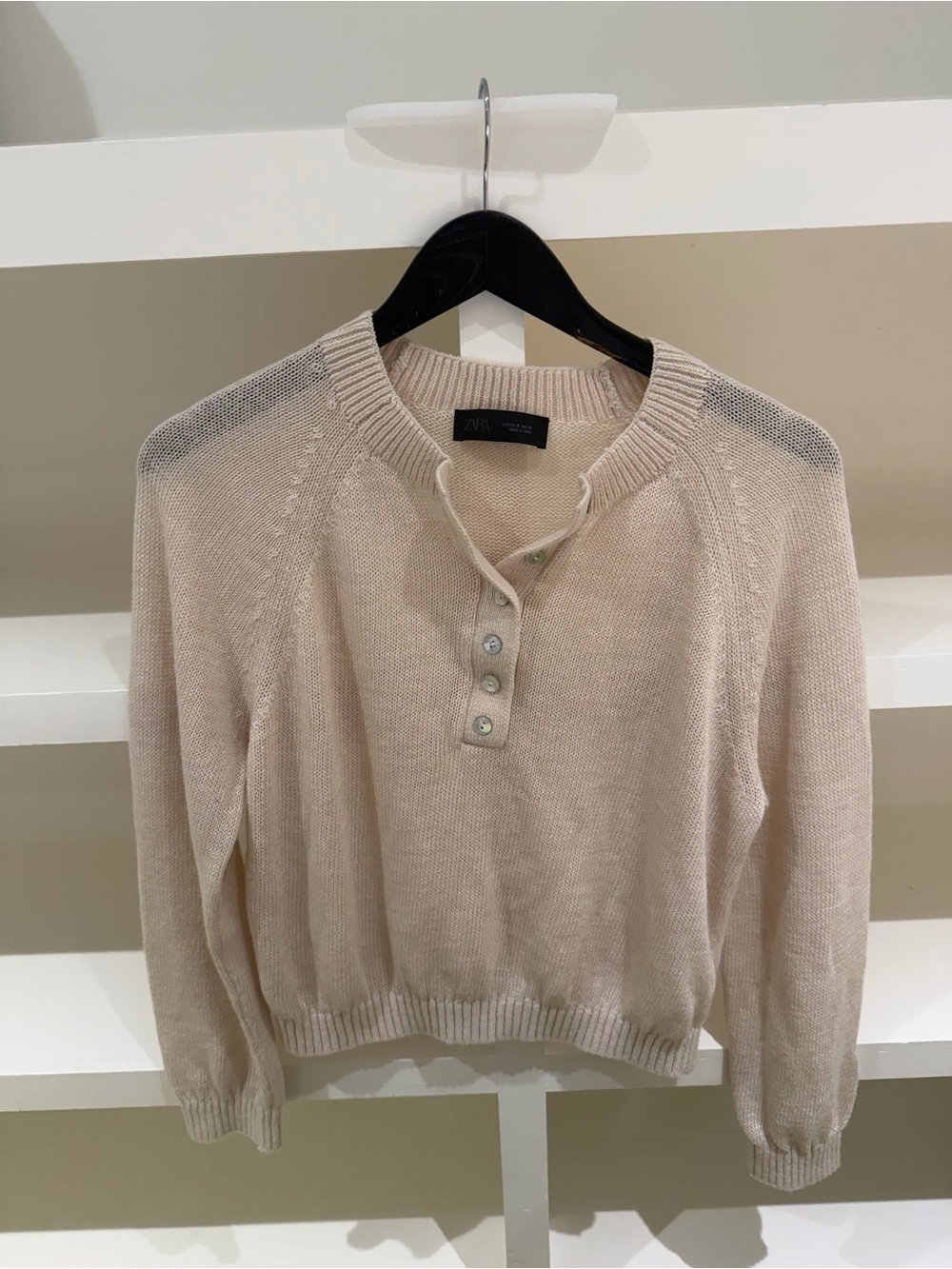 Zara Knit Beige Henley Sweater (Size Medium)